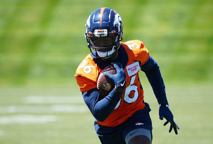 Denver Bronco wide receiver Brandon Johnson (36) during mini camp drills at UCHealth Training Center.